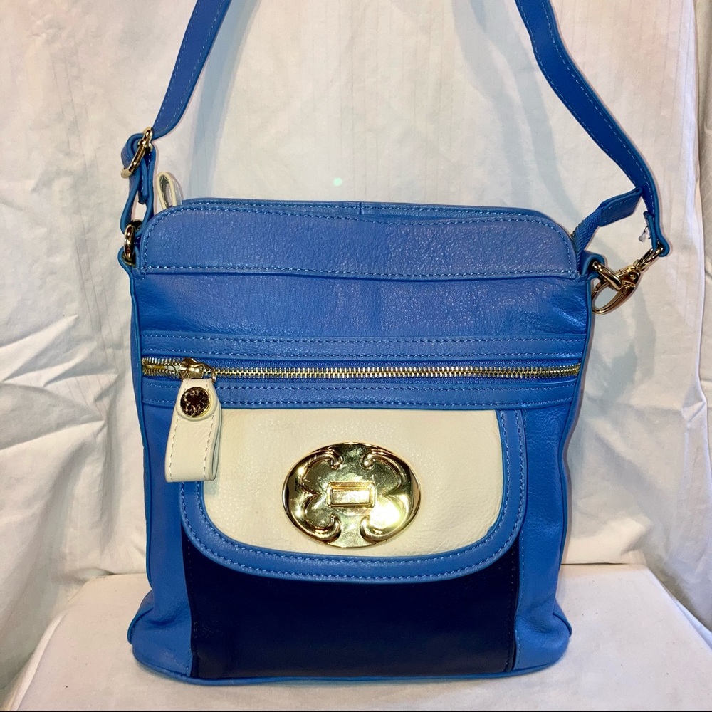 Emma Fox blue and beige leather crossbody bag